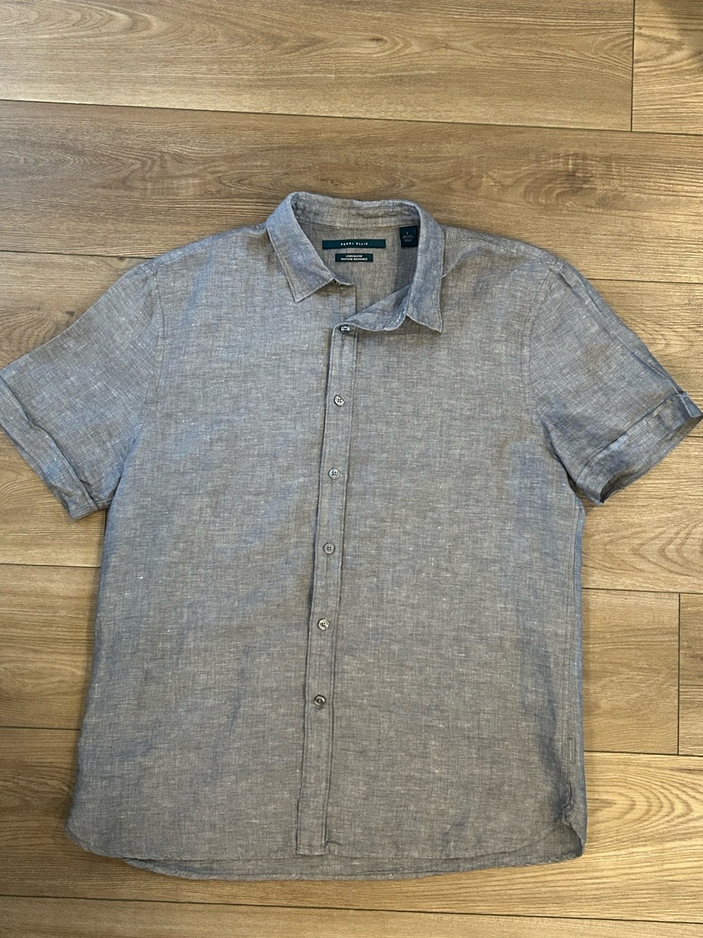 Perry Ellis Linen Blend Short Sleeve Button Up Shirt Gray Large